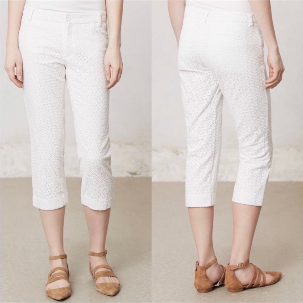 Anthropologie Cartonnier Charlie White Embroidered Eyelet Cropped Pant 8 - Picture 2 of 6